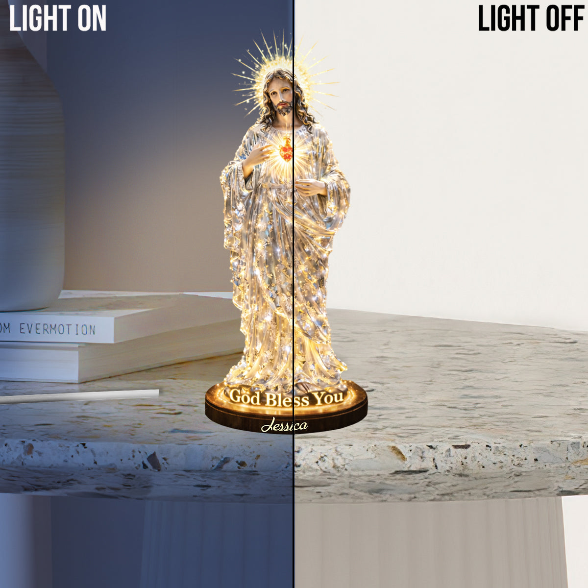 Sacred Heart Of Jesus, God Bless You - Personalized Christian Acrylic LED Night Light