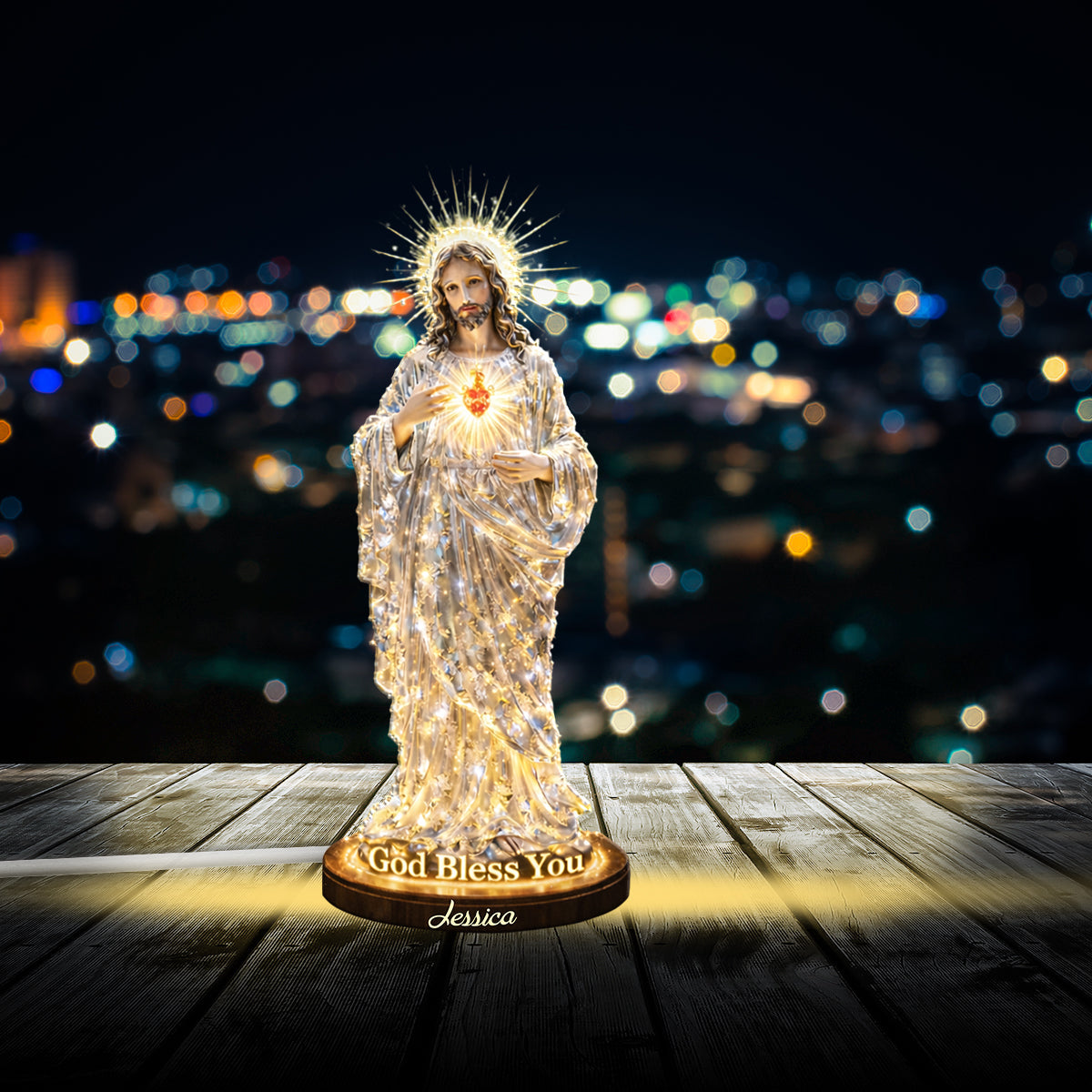 Sacred Heart Of Jesus, God Bless You - Personalized Christian Acrylic LED Night Light
