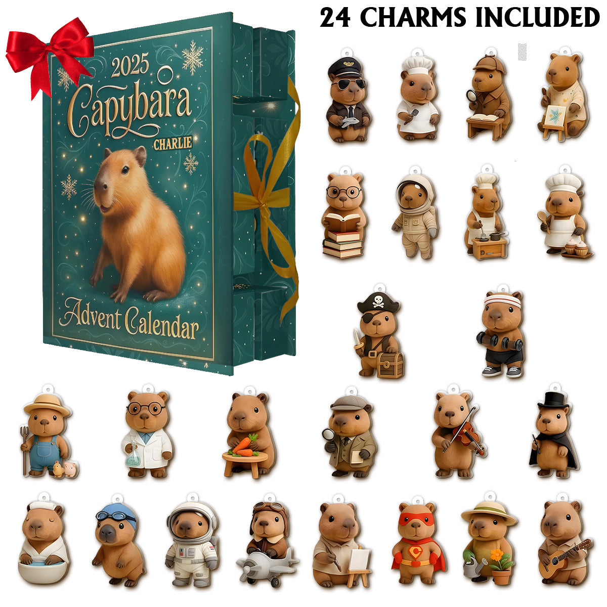 Cute Capybara 2025 Christmas - Personalized Rodent Animals (capybara, beaver, hamster, guinea pig) Folded Advent Calendar With Ornaments