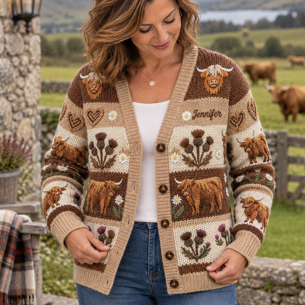 Farm Life - Personalized Highland Cow Cardigan Sweater
