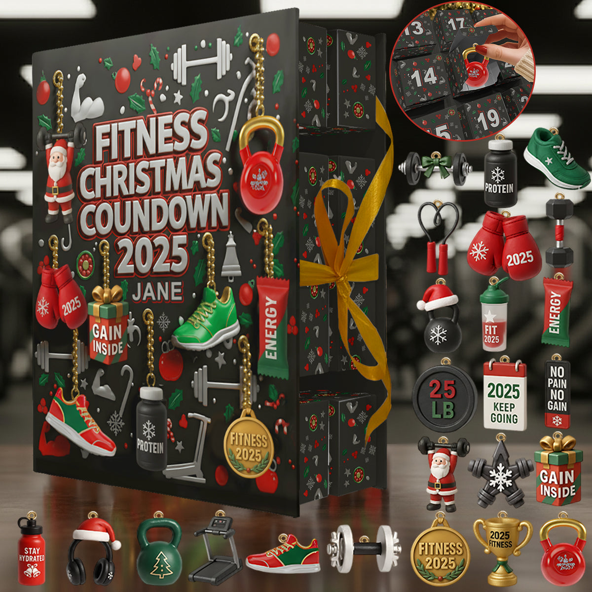 No Pain No Gain - Personalized Fitness Folded Advent Calendar With Ornaments