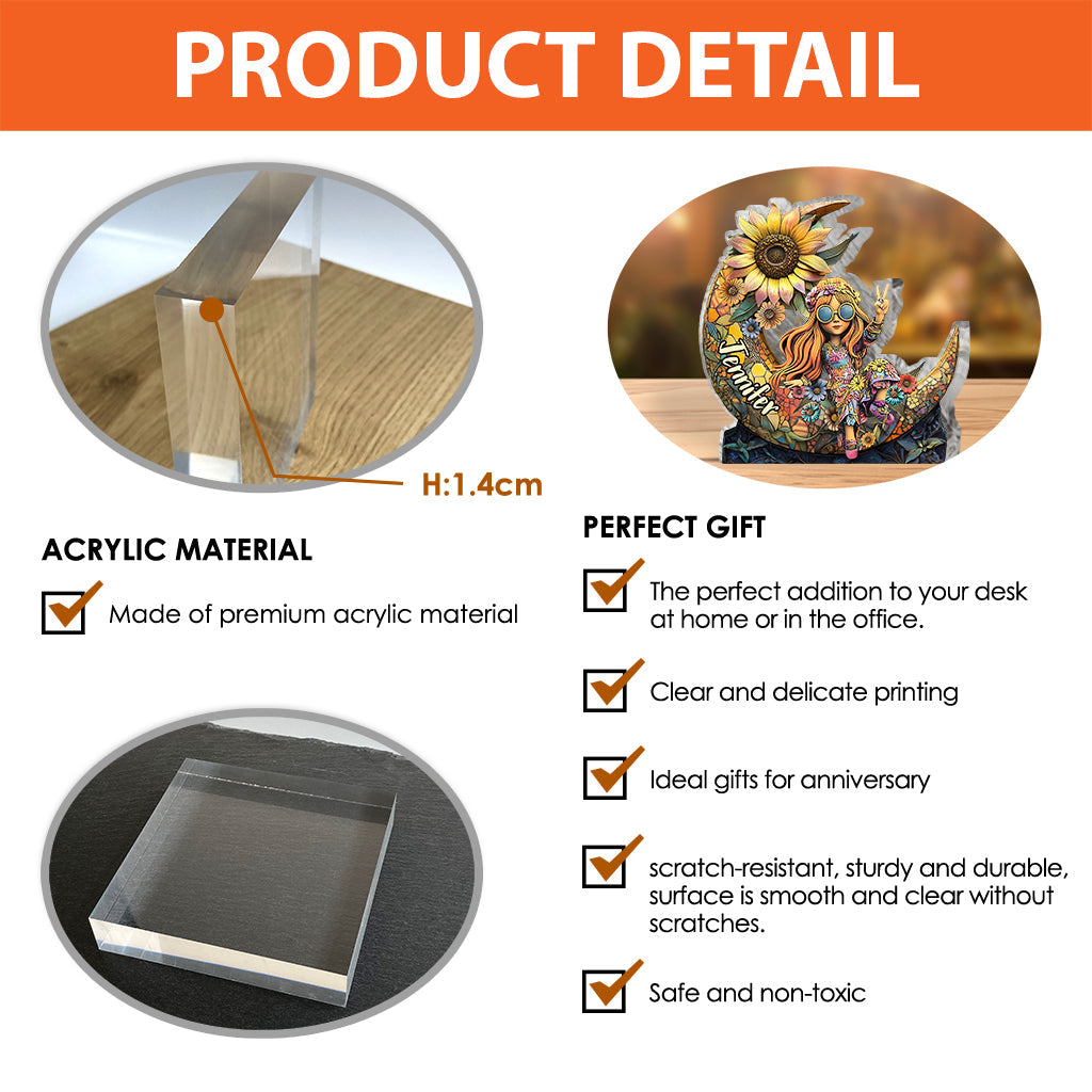 Colorful Floral Moon - Personalized Hippie Custom Shaped Acrylic Plaque