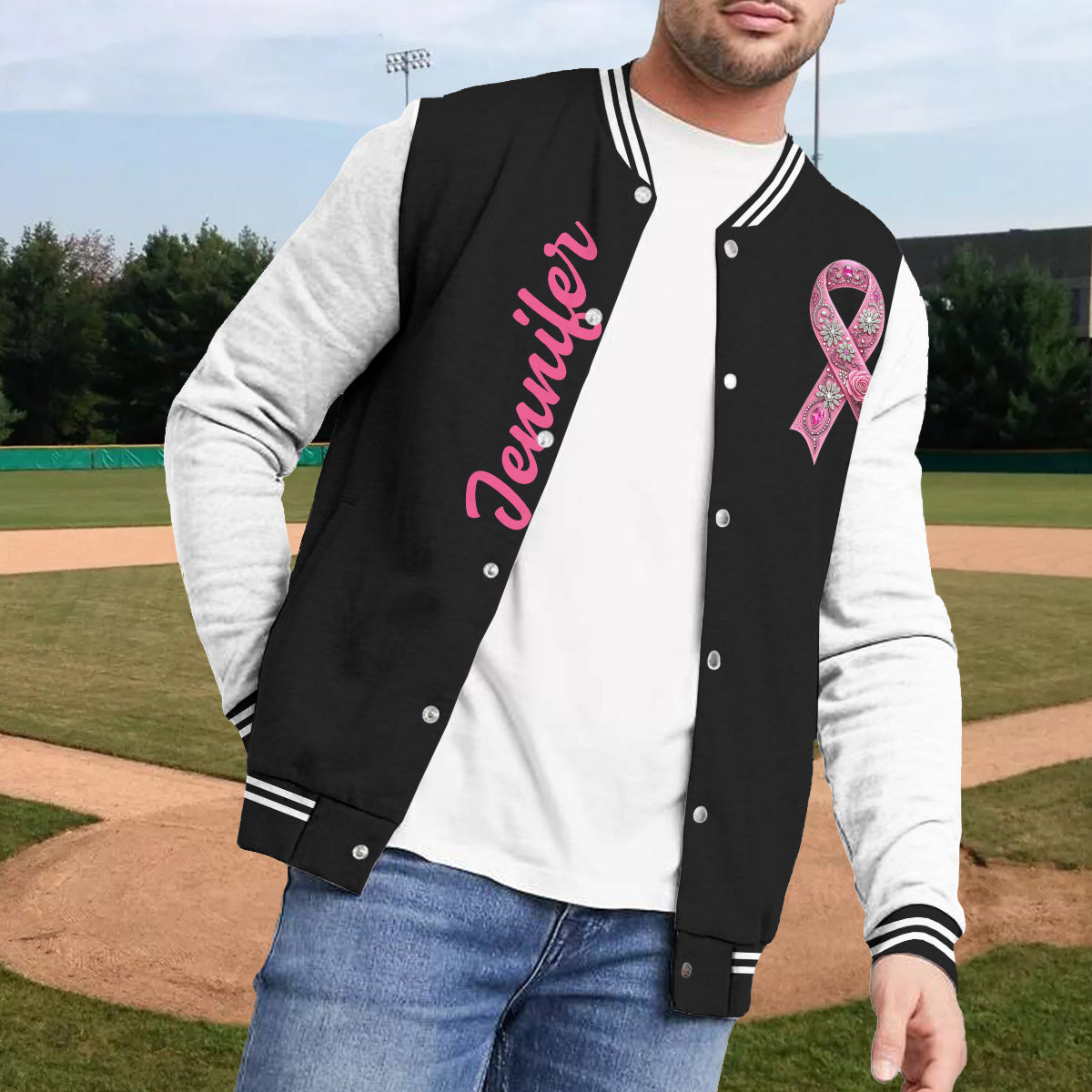 Faith Hope Love - Personalized Breast Cancer Awareness Varsity Jacket