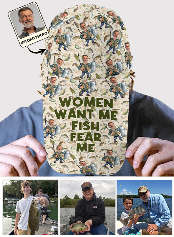 Women Want Me Fish Fear Me Funny Caricature - Personalized Fishing Extra Long Bill Hat