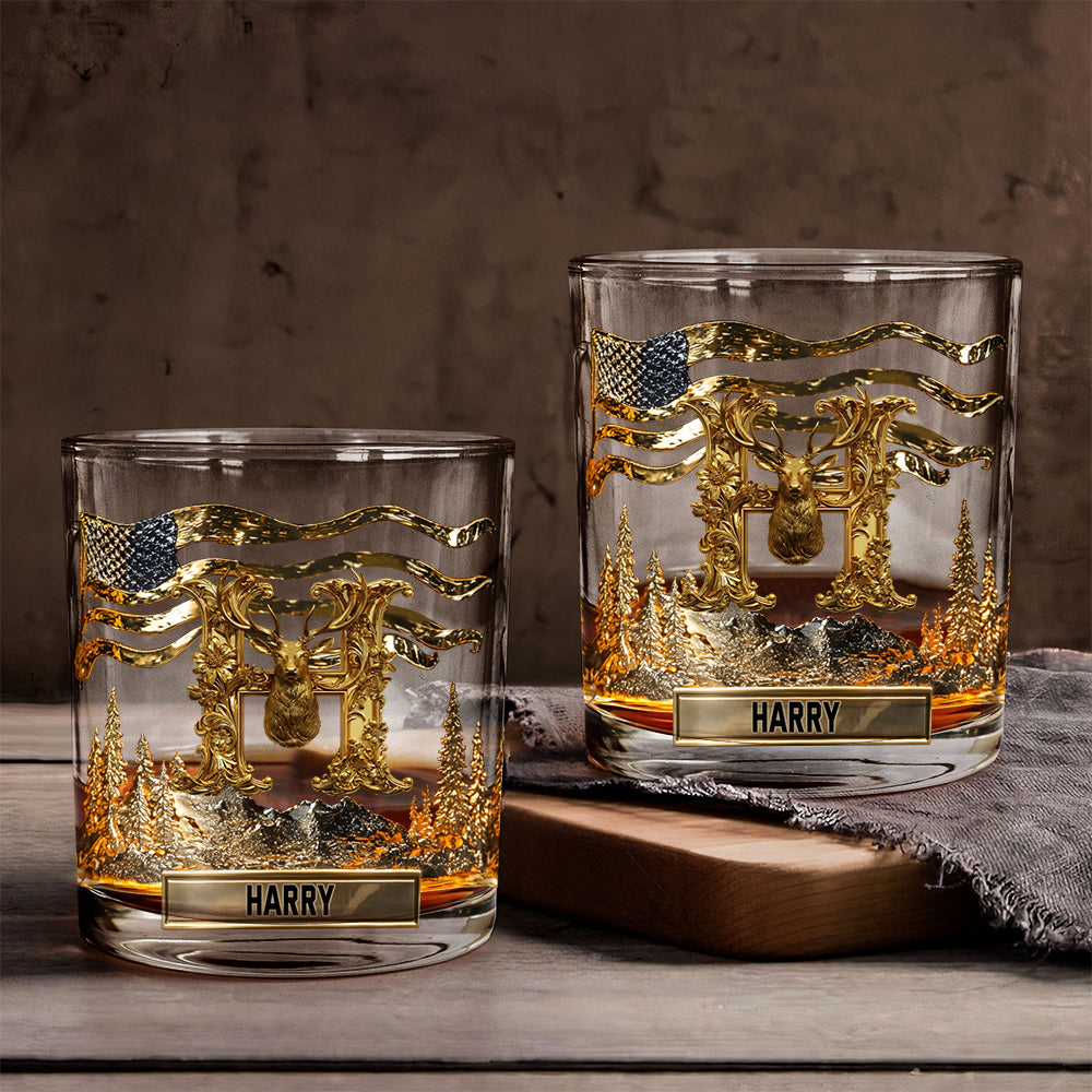 Alphabet Initial For Hunting Lovers - Personalized Hunting Whiskey Glass