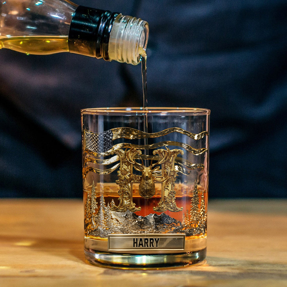 Alphabet Initial For Hunting Lovers - Personalized Hunting Whiskey Glass