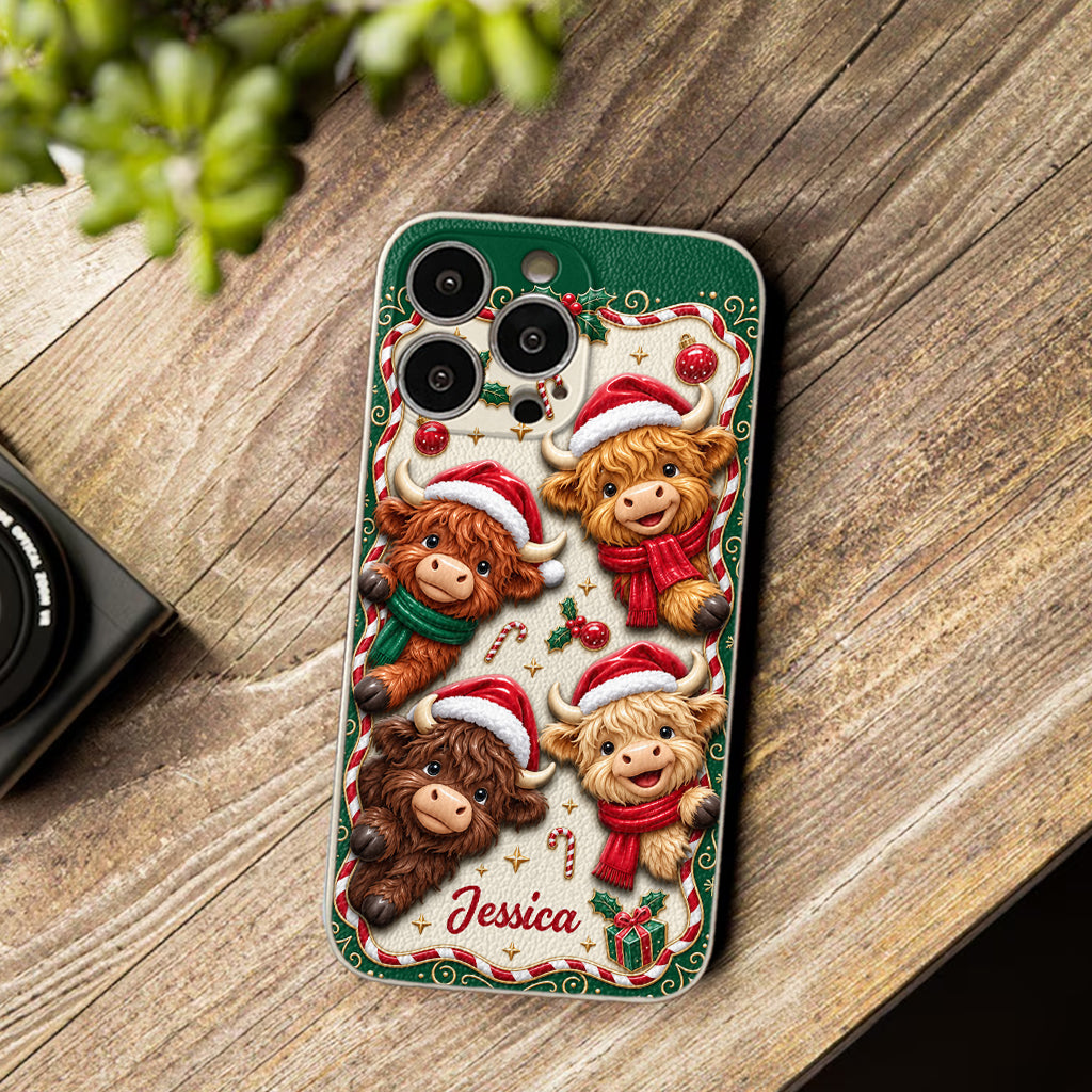 Merry Christmas Cute Highland Cows - Personalized Highland Cow 3D Embossed Leather Phone Case