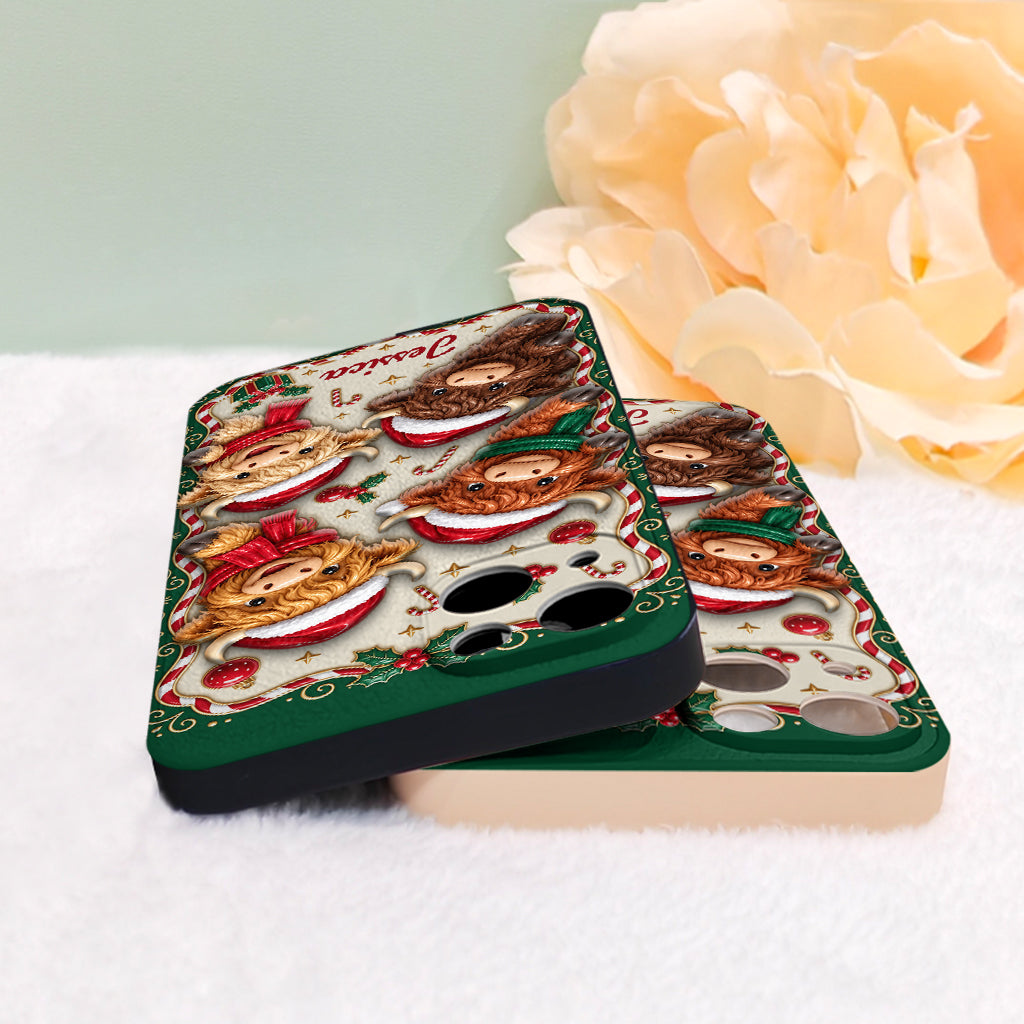 Merry Christmas Cute Highland Cows - Personalized Highland Cow 3D Embossed Leather Phone Case