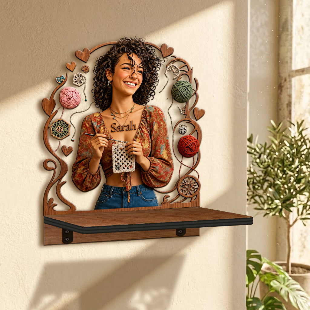 Crafted with Love - Personalized Crocheting Wooden Floating Shelf
