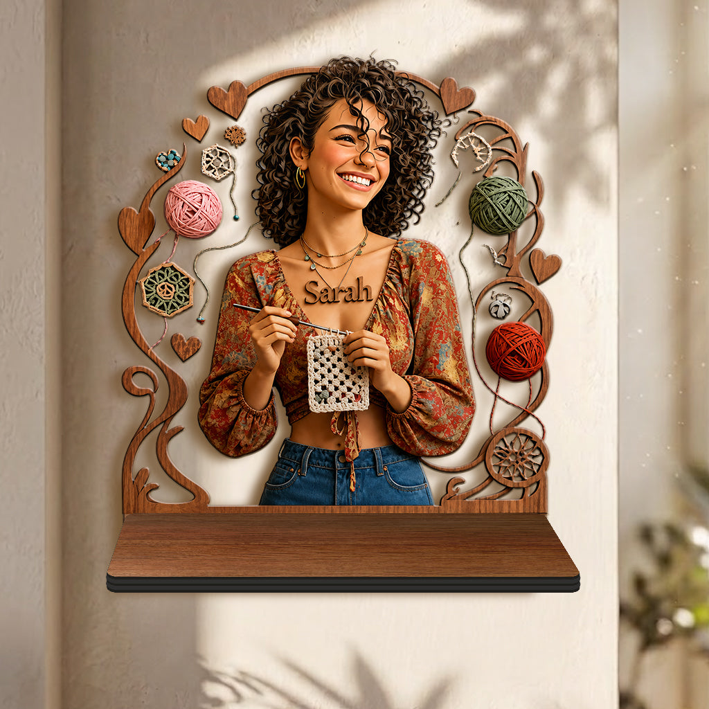 Crafted with Love - Personalized Crocheting Wooden Floating Shelf