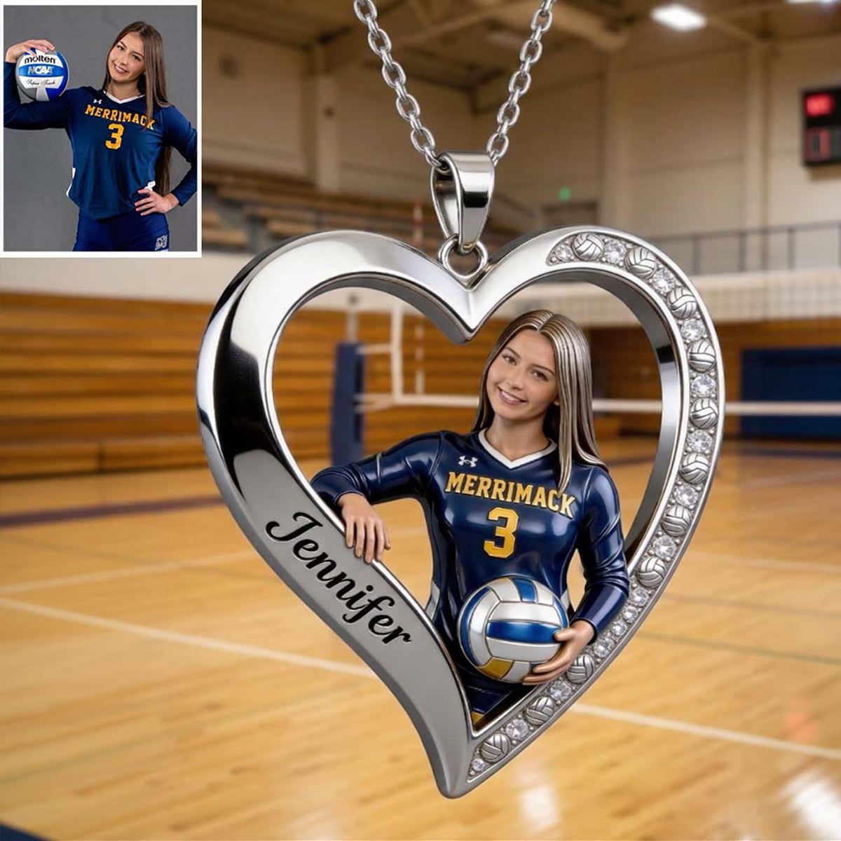 Volleyball Player Heart - Personalized Volleyball Shaped Metal Pendant Necklace