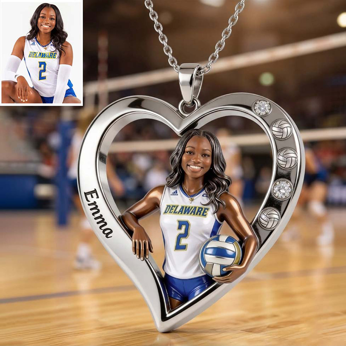 Volleyball Player Heart - Personalized Volleyball Shaped Metal Pendant Necklace
