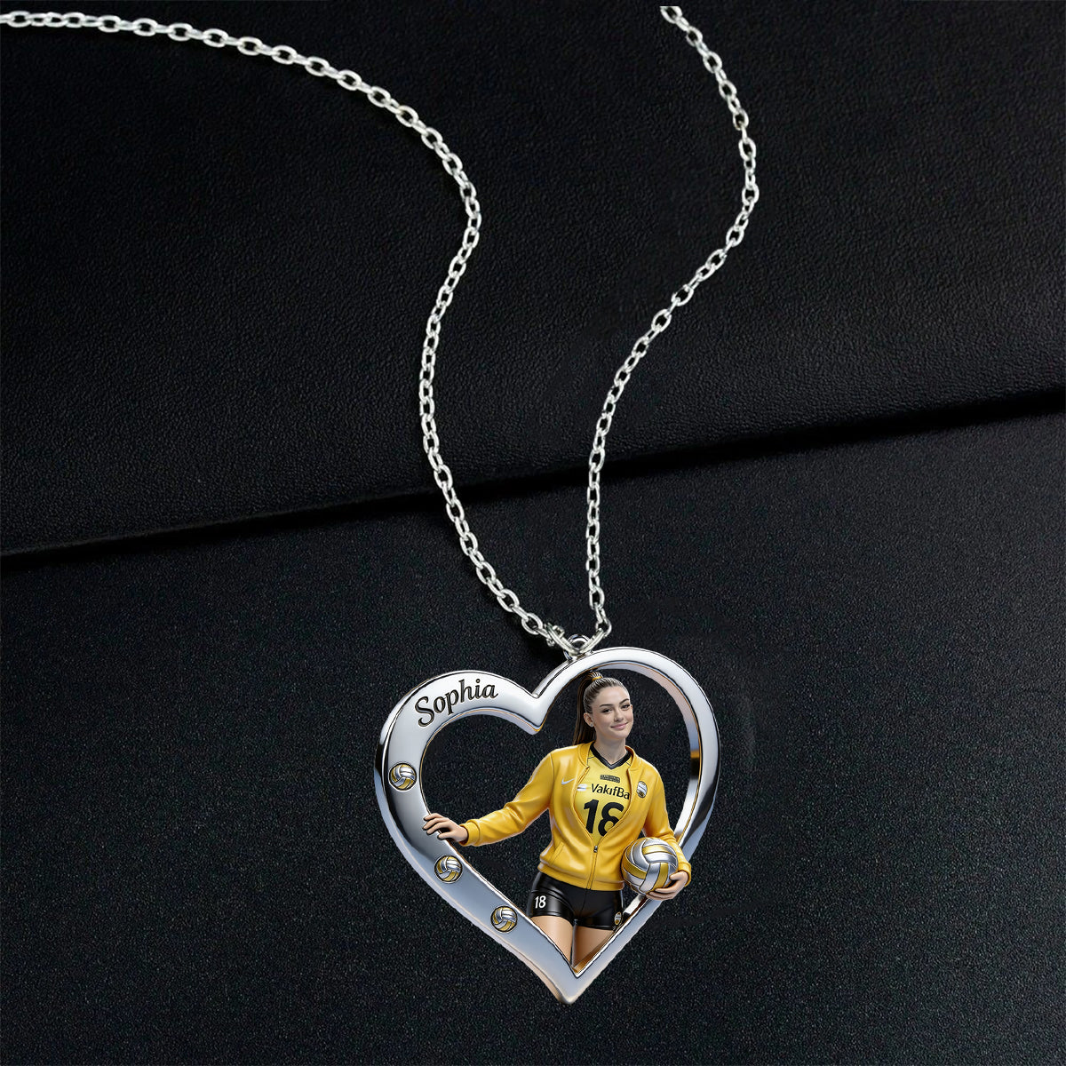 Volleyball Player Heart - Personalized Volleyball Shaped Metal Pendant Necklace