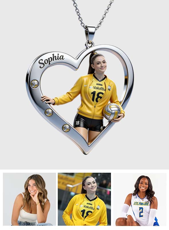 Volleyball Player Heart - Personalized Volleyball Shaped Metal Pendant Necklace