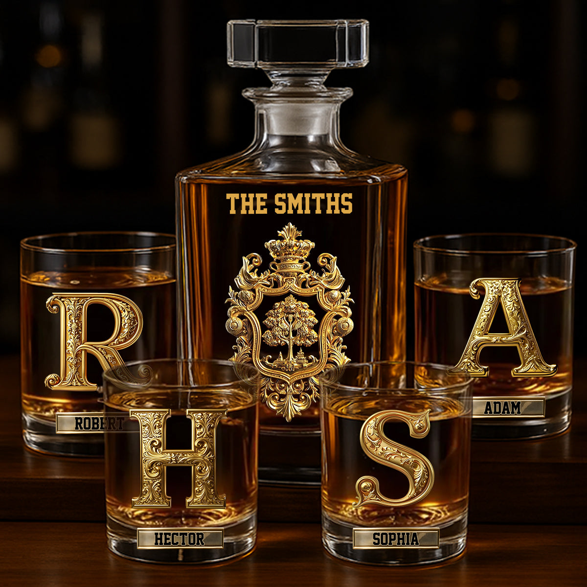 Initial Custom Drink Set For All Family - Personalized Family Whiskey Decanter Set