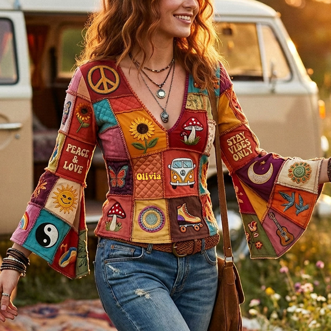 Peace & Love - Personalized Hippie Flare Long-Sleeve Shirt