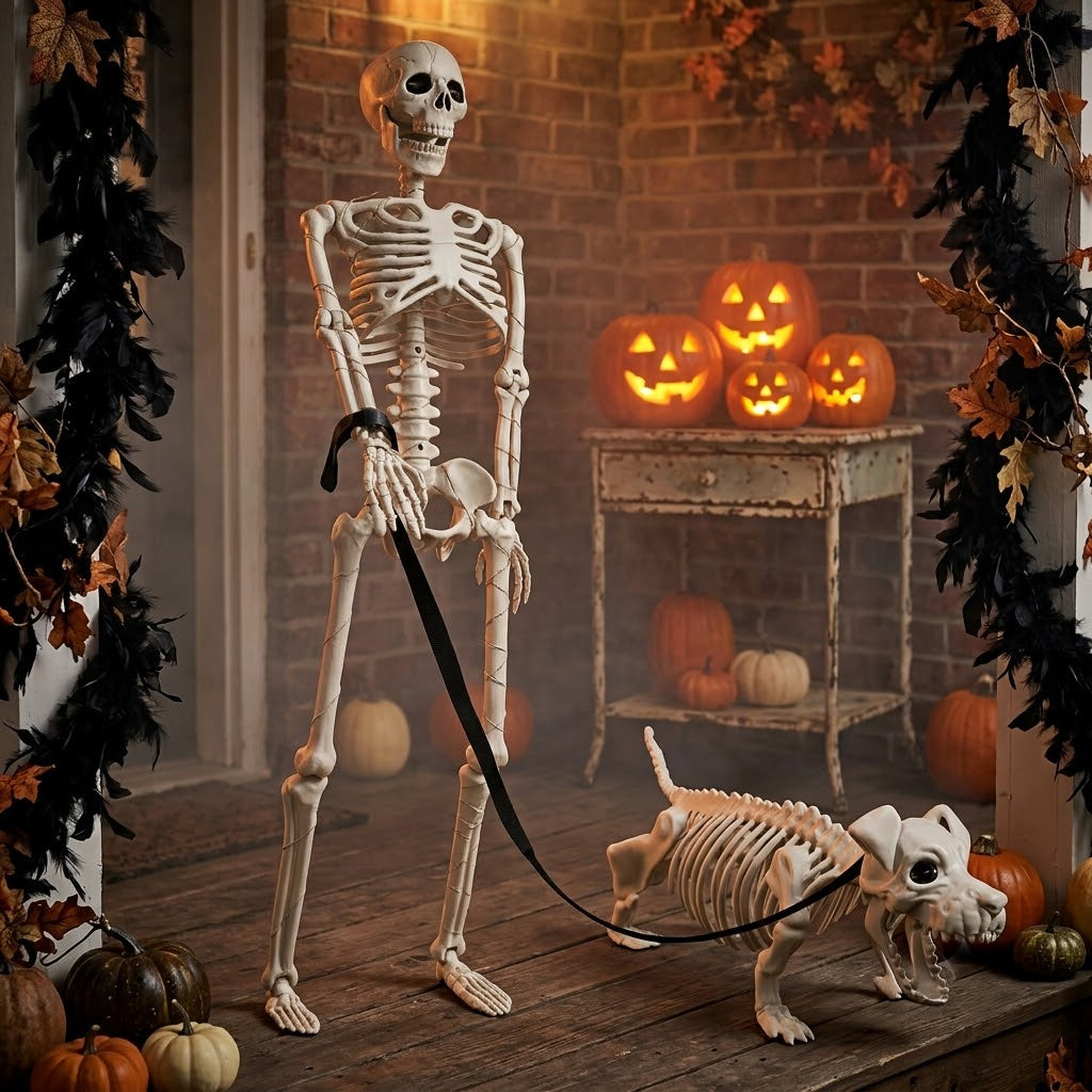 Lighted Human & Dog Skeleton Outdoor Statue