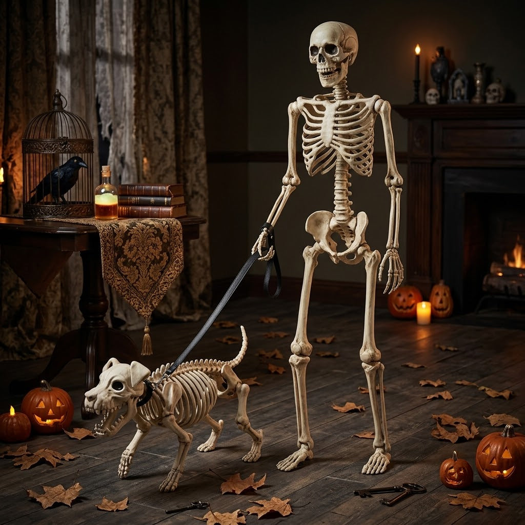 Lighted Human & Dog Skeleton Outdoor Statue