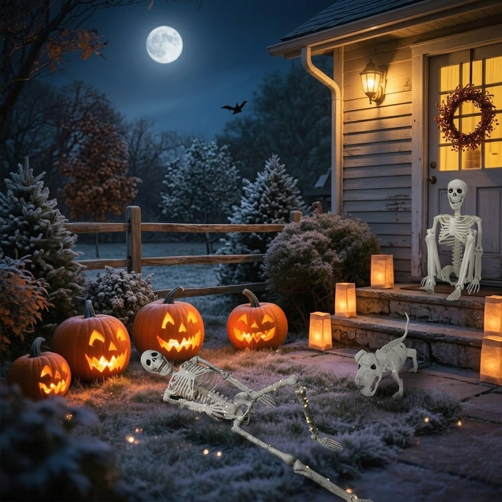 Lighted Human & Dog Skeleton Outdoor Statue