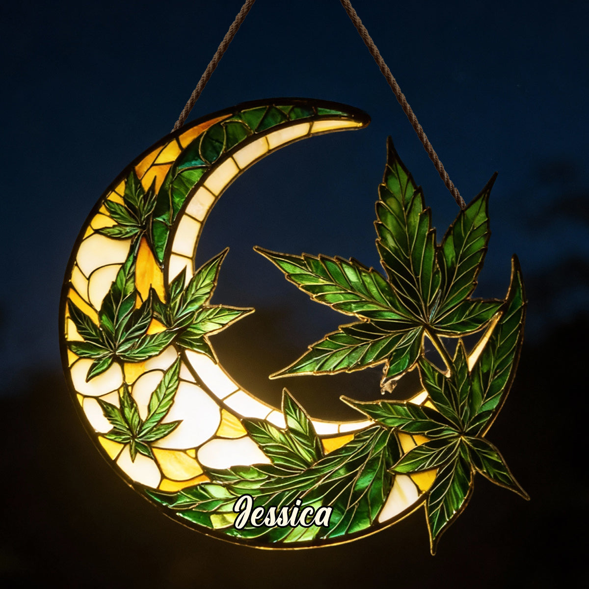 Moon And Leaves - Personalized Weed LED Light Acrylic Sign