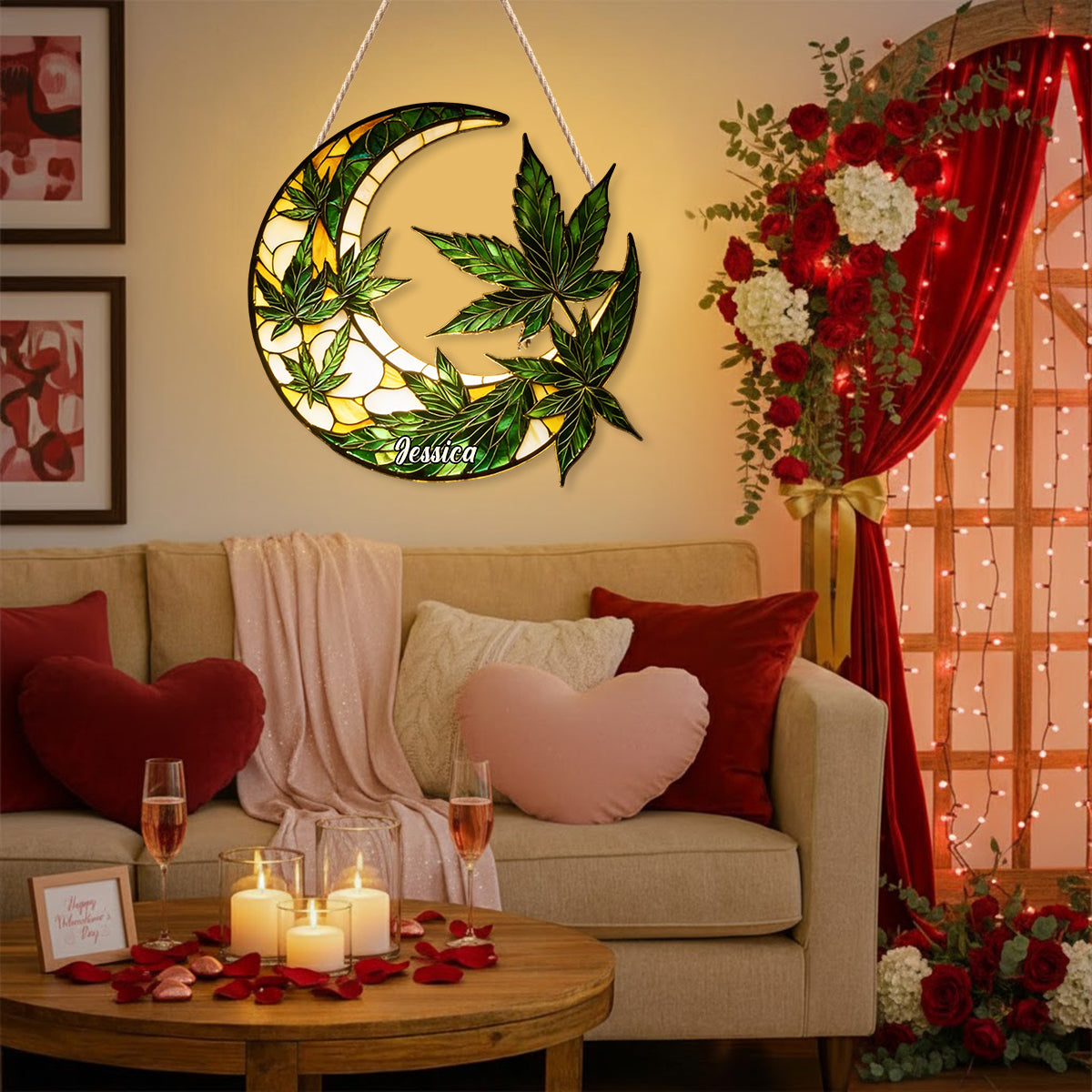 Moon And Leaves - Personalized Weed LED Light Acrylic Sign