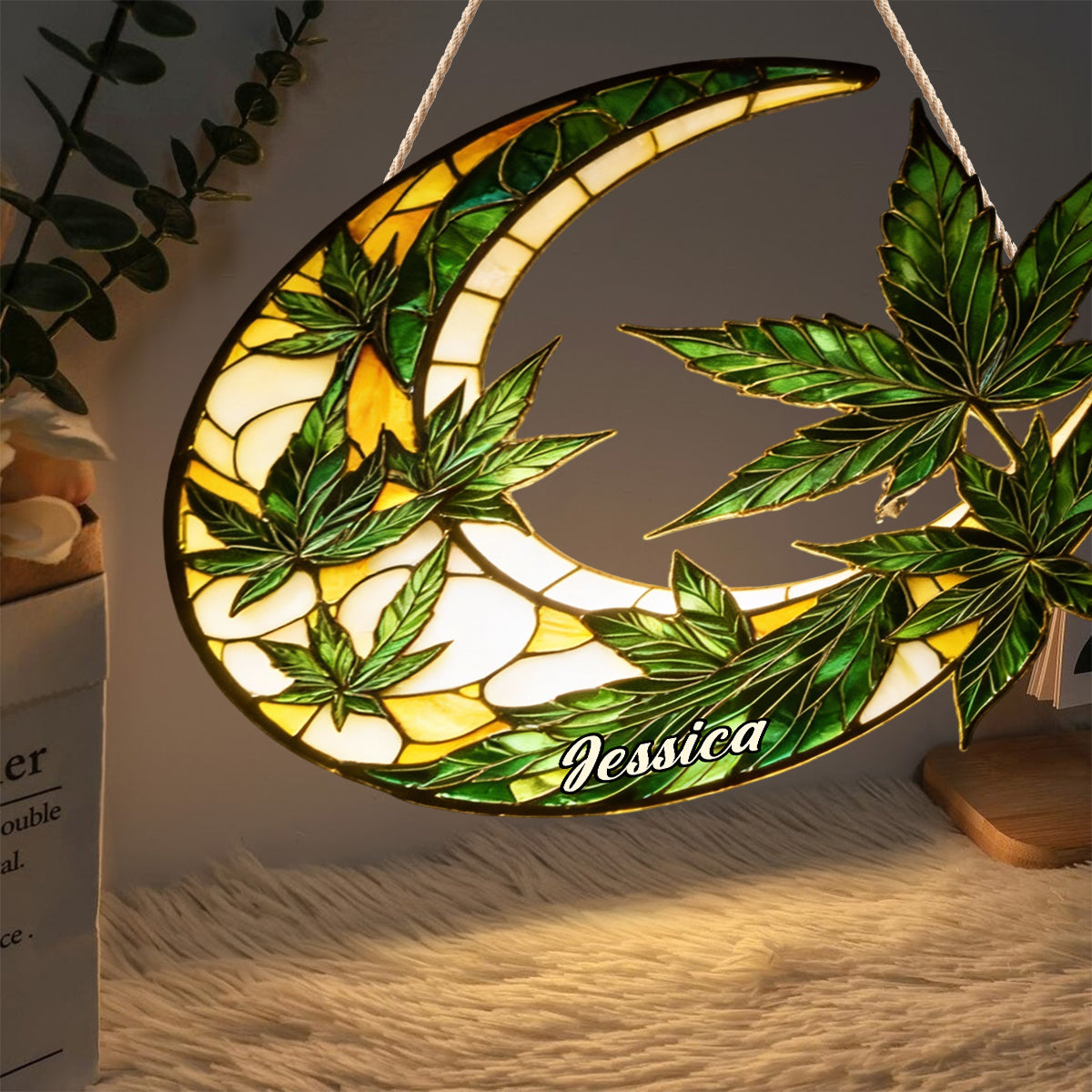 Moon And Leaves - Personalized Weed LED Light Acrylic Sign