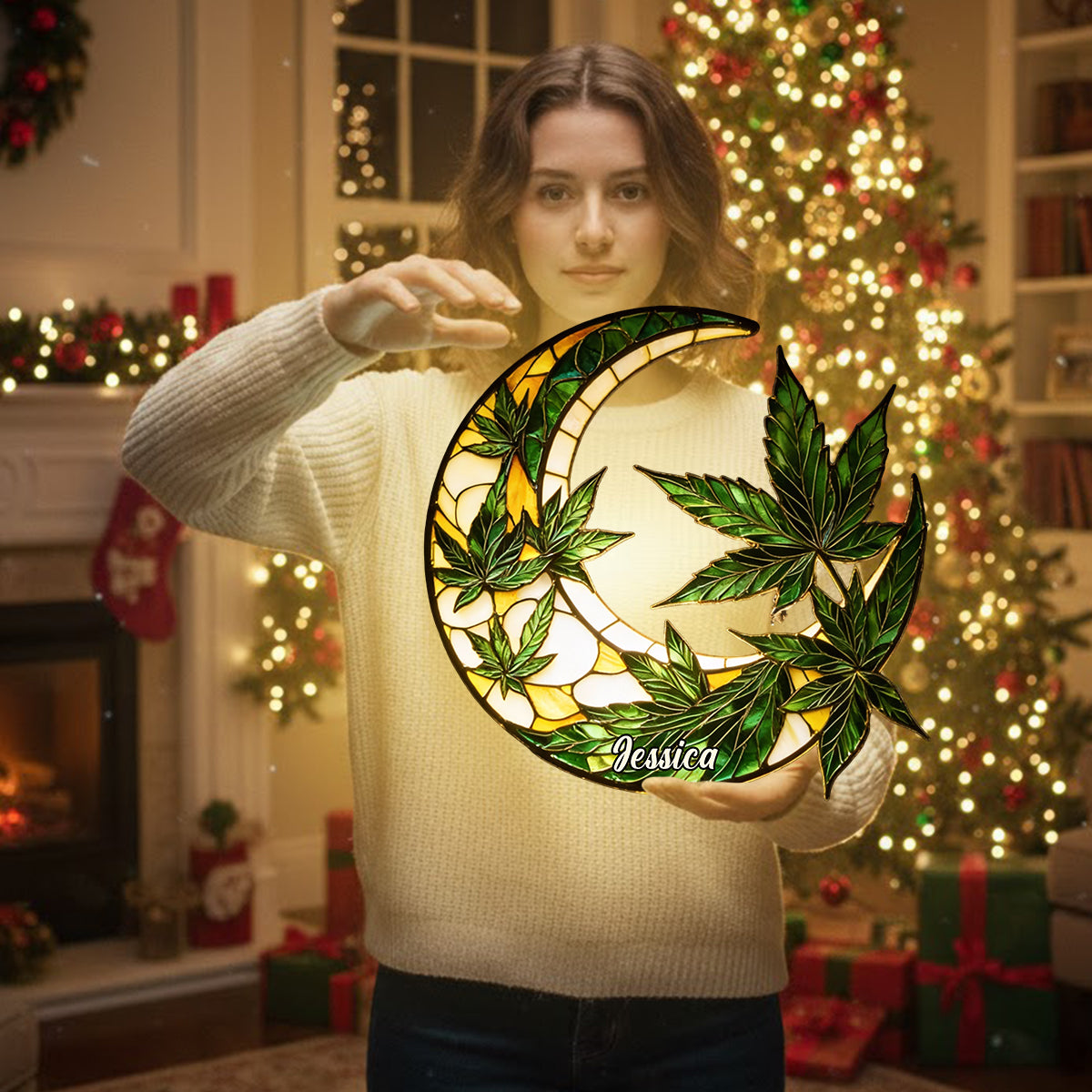 Moon And Leaves - Personalized Weed LED Light Acrylic Sign