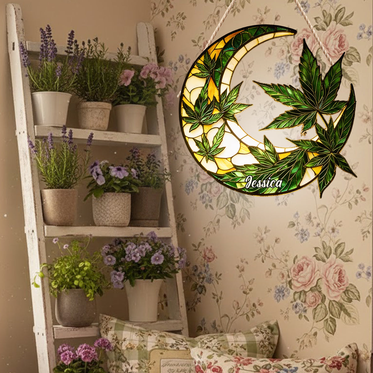 Moon And Leaves - Personalized Weed LED Light Acrylic Sign