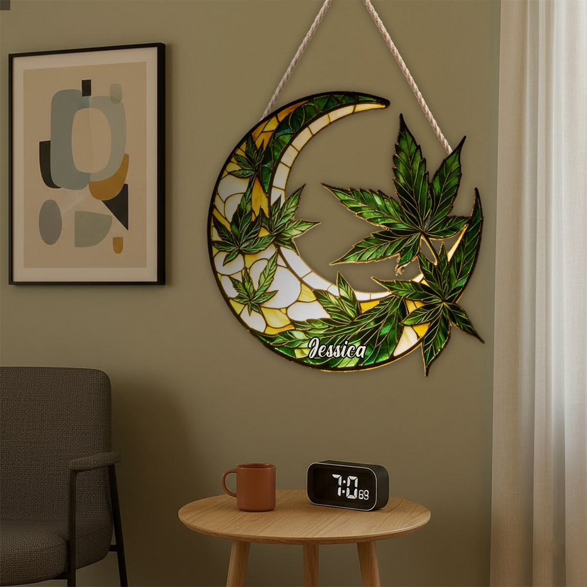 Moon And Leaves - Personalized Weed LED Light Acrylic Sign