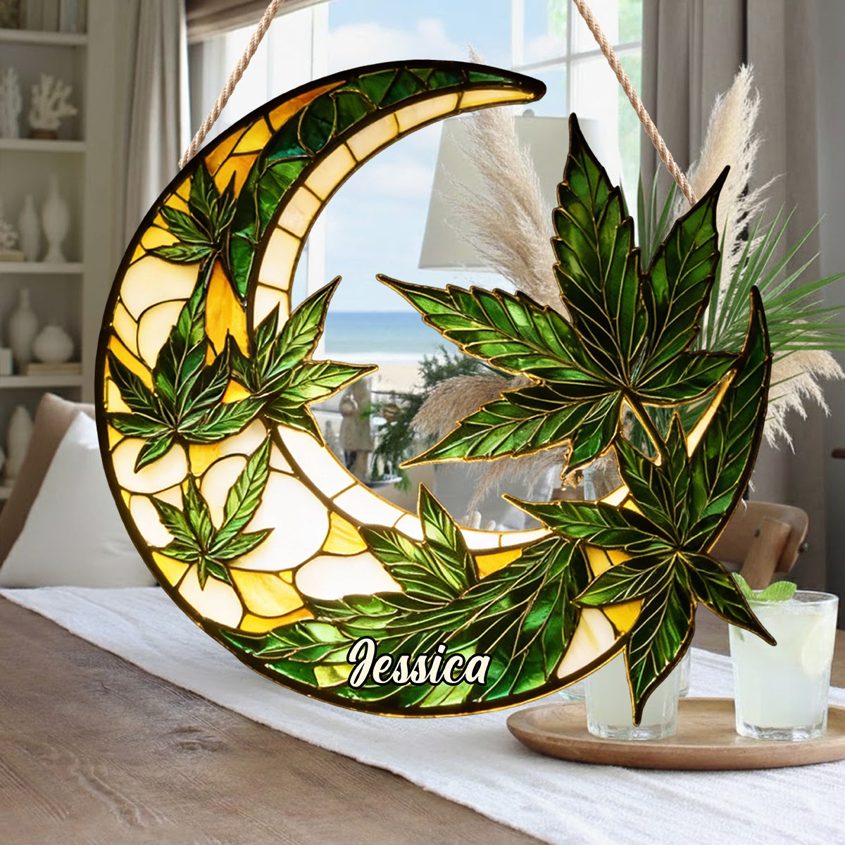 Moon And Leaves - Personalized Weed LED Light Acrylic Sign