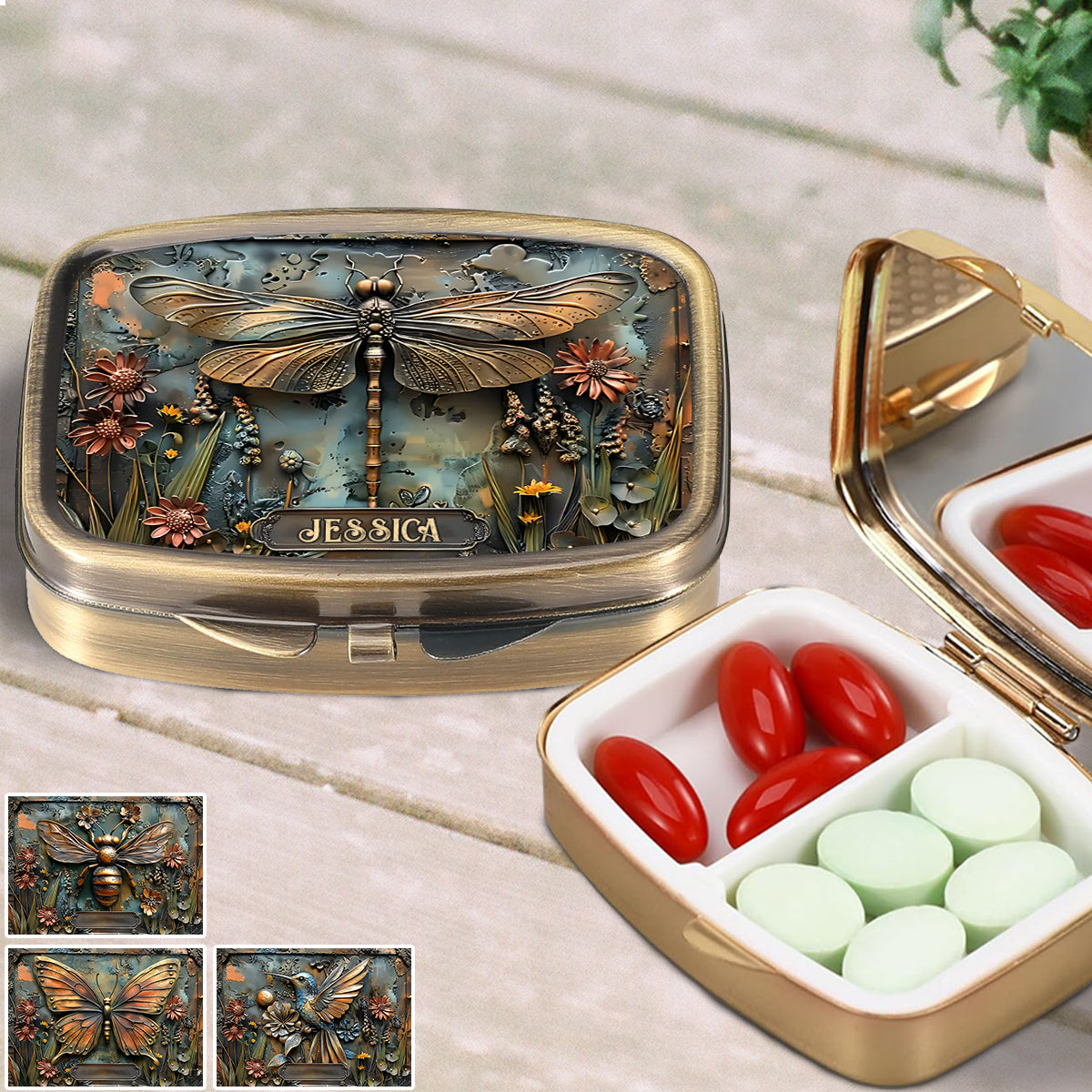 Beautiful Dragonfly, Butterfly/ Hummingbird/ Bee - Personalized Gardening Pill Organizer Box