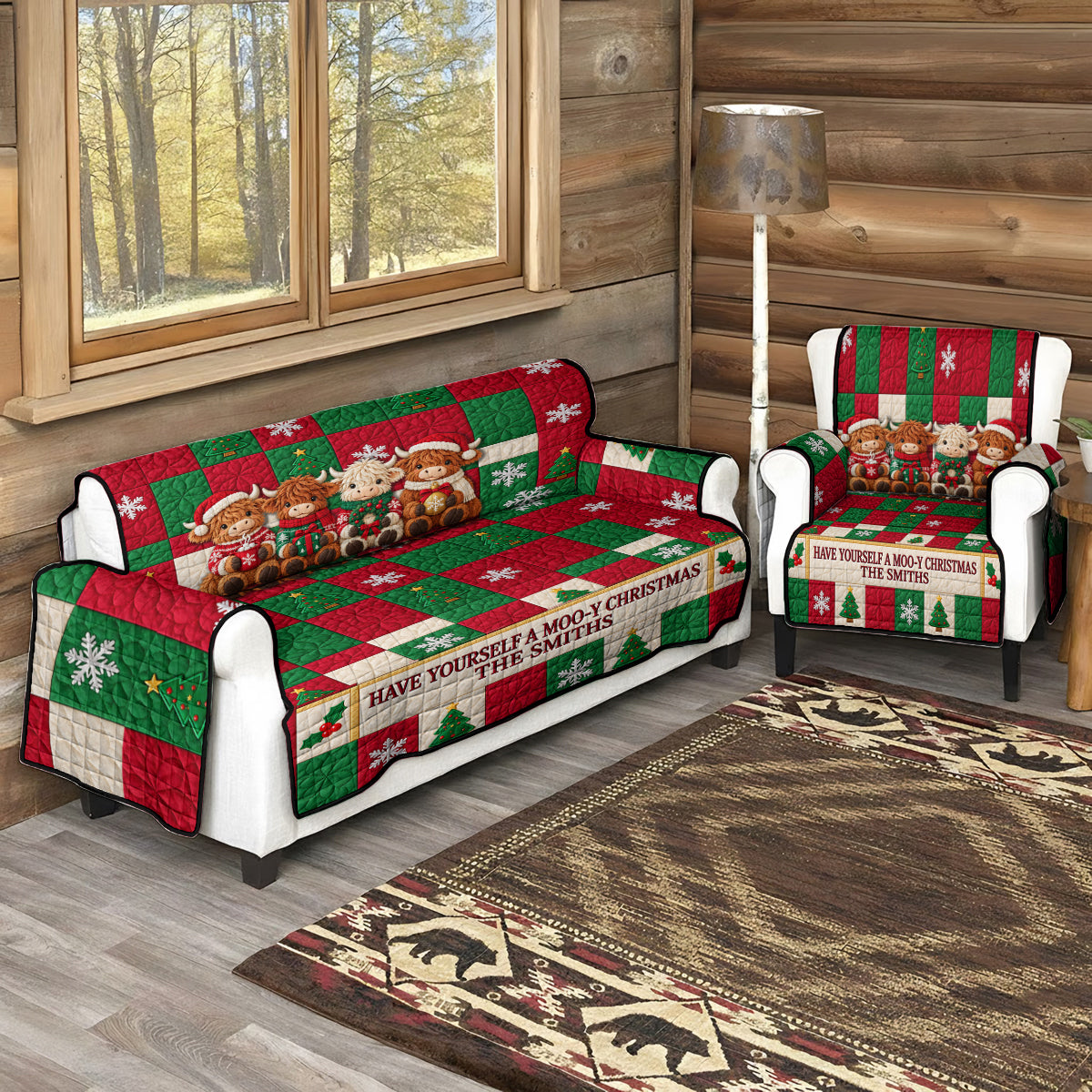 Moo-y Christmas - Personalized Highland Cow Quilted Sofa/Couch Cover