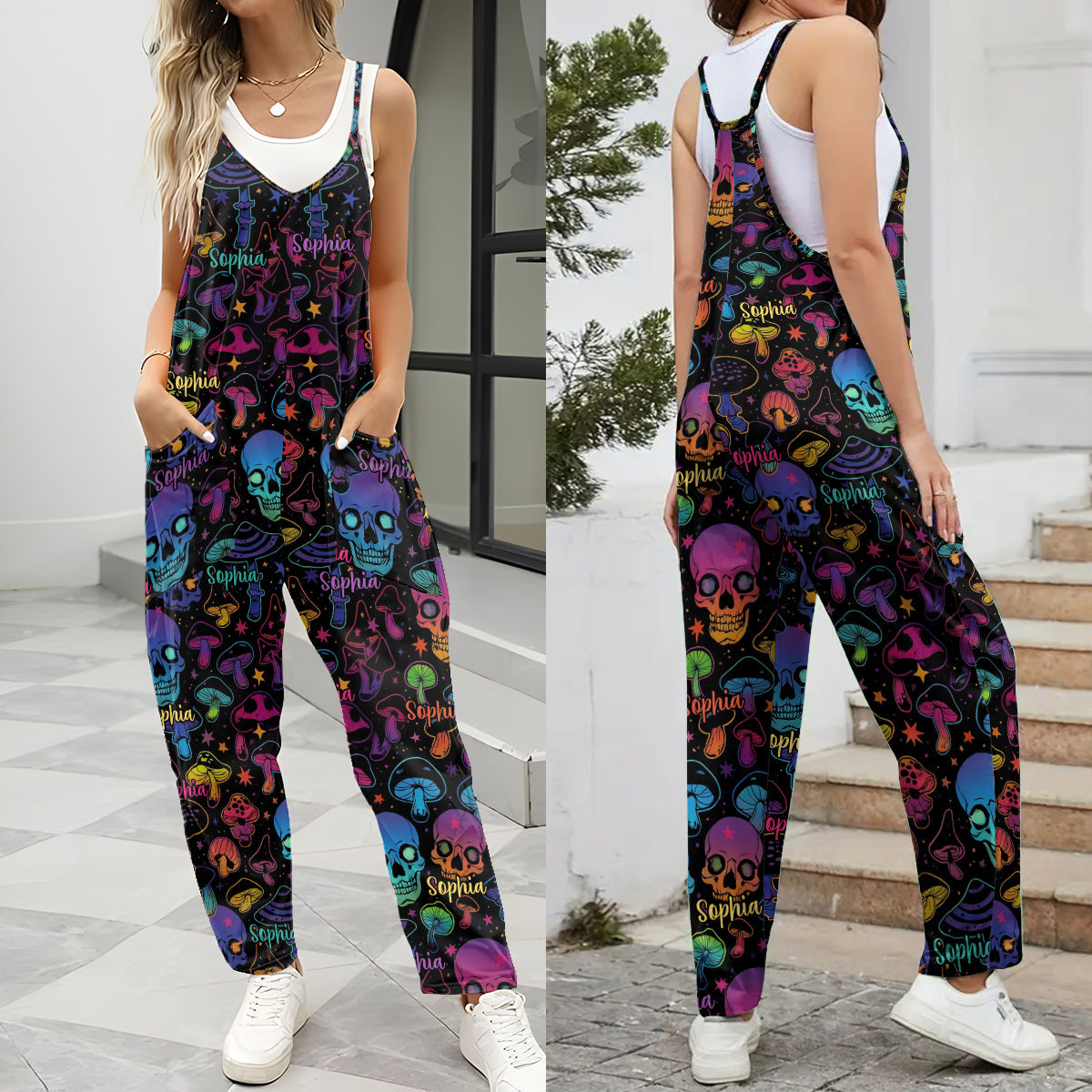 Mushroom & Skull - Personalized Hippie Loose-Fit Overalls/ Rompers