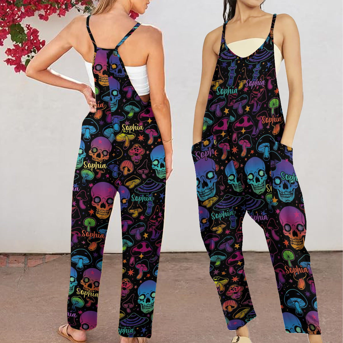 Mushroom & Skull - Personalized Hippie Loose-Fit Overalls/ Rompers