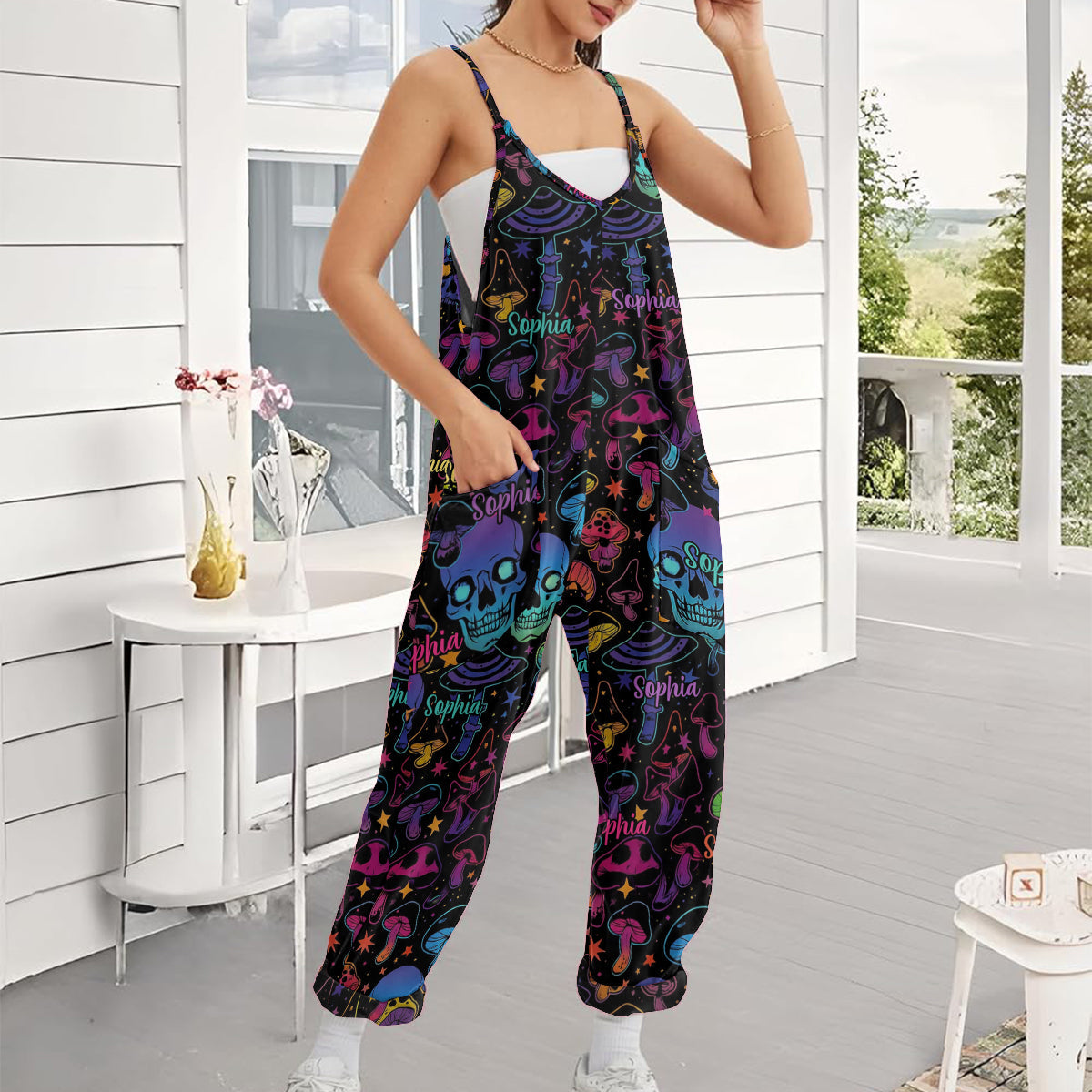 Mushroom & Skull - Personalized Hippie Loose-Fit Overalls/ Rompers