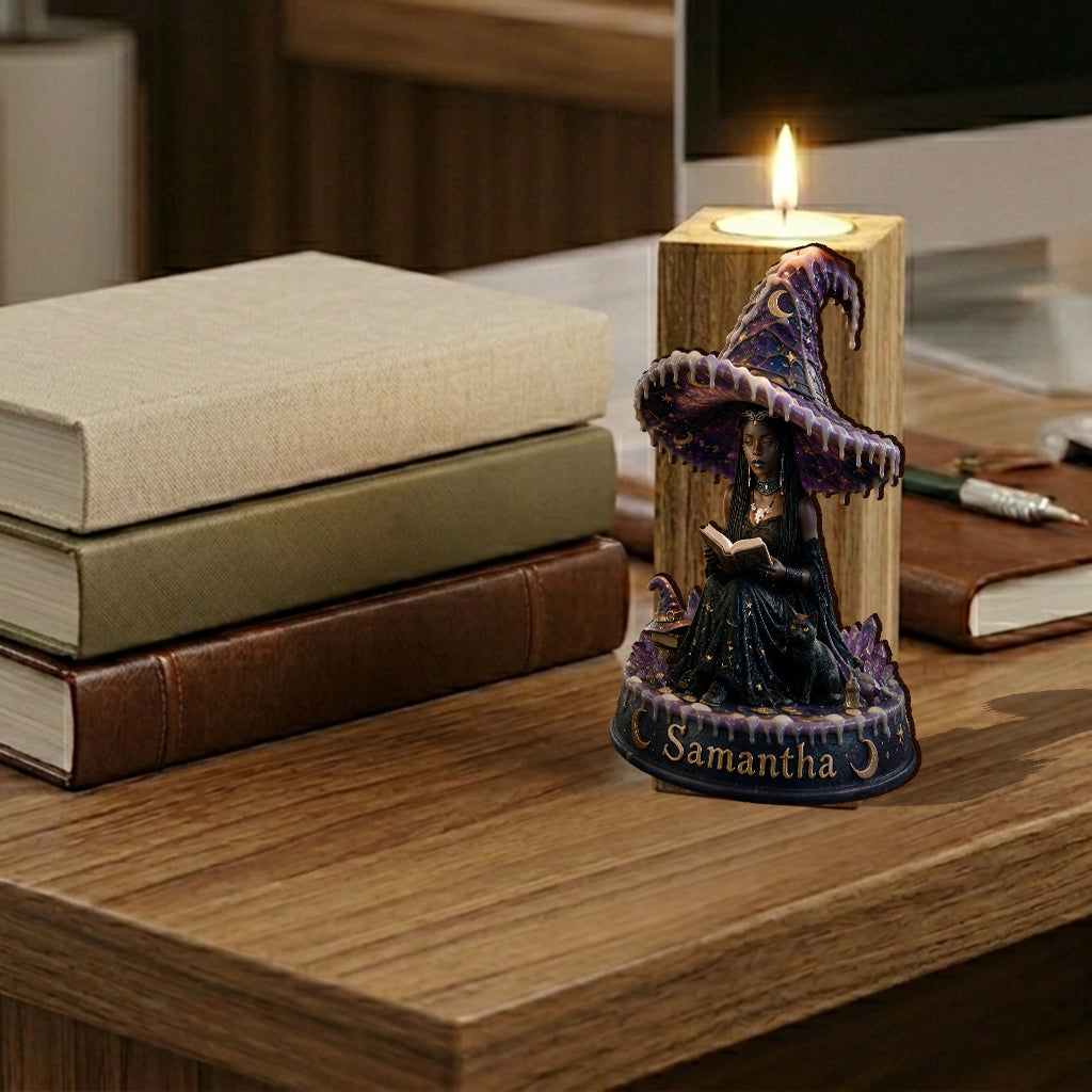 Midnight Enchantress - Personalized Witch Custom Shape Wooden Candle Holder