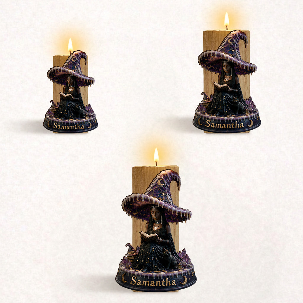 Midnight Enchantress - Personalized Witch Custom Shape Wooden Candle Holder
