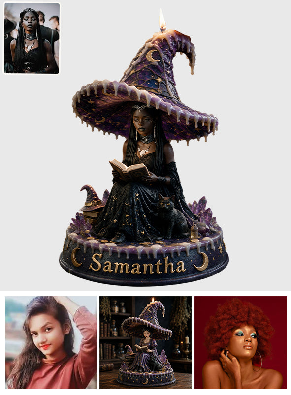 Midnight Enchantress - Personalized Witch Custom Shape Wooden Candle Holder