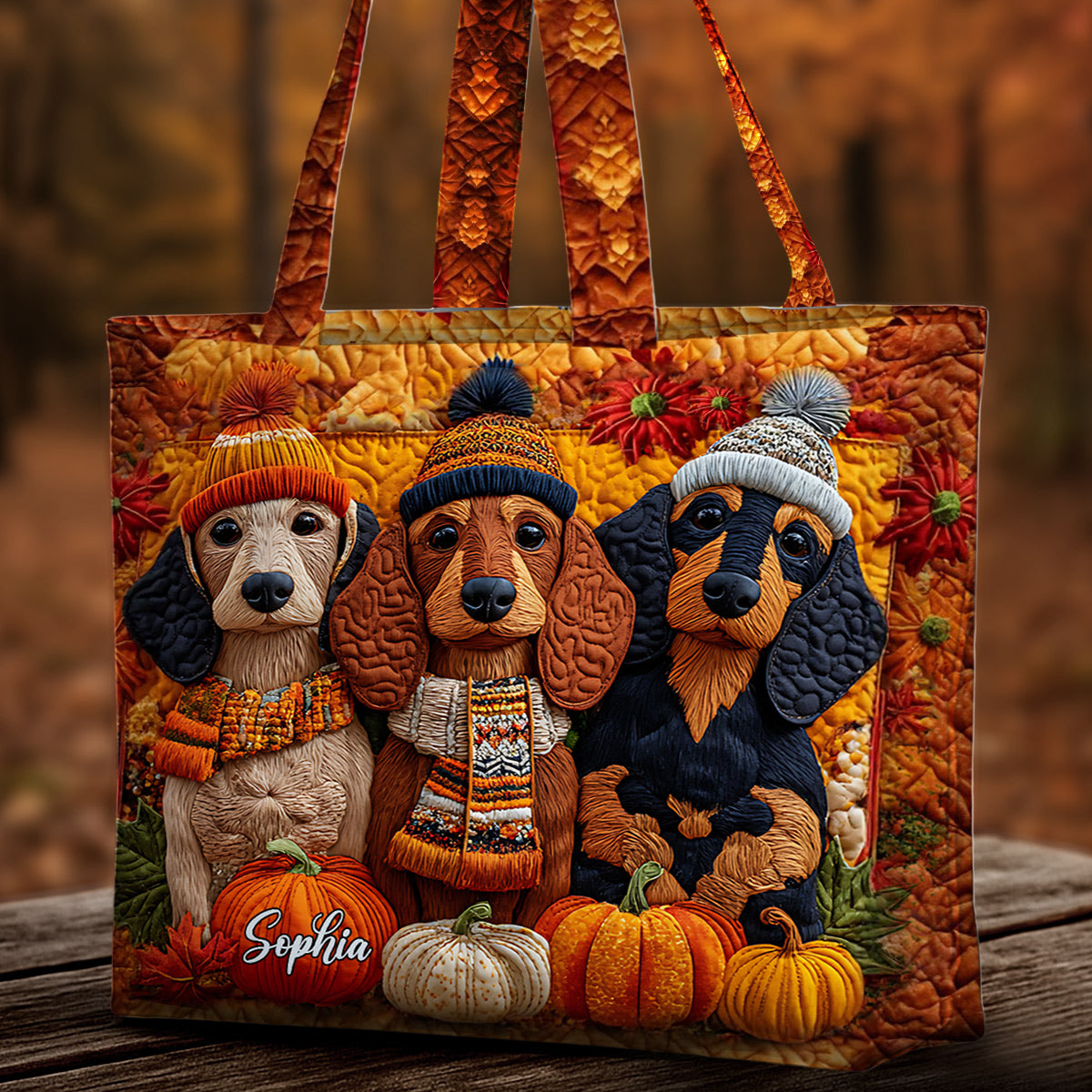 Autumn Dog - Personalized Dachshund Quilted Tote Bag