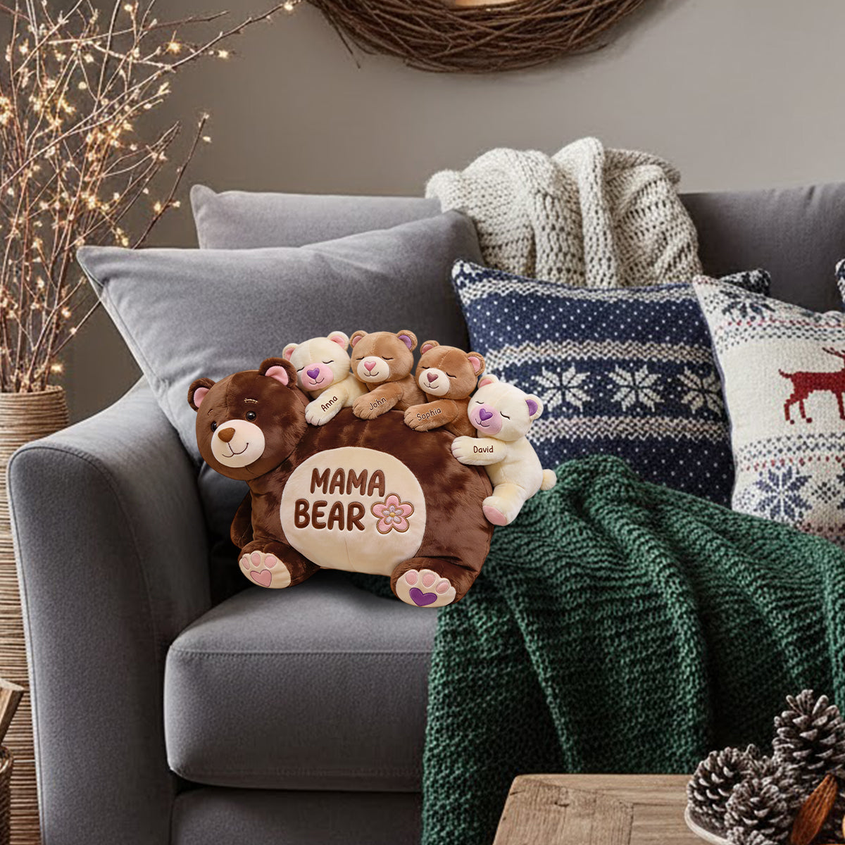 Mama Bear Gift For Mom Grandma - Personalized Mother Faux Fur Shaped Pillow