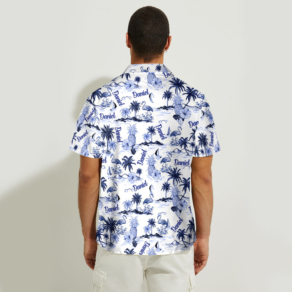 Flamingo Tropical Toile de Jouy Pattern - Personalized Flamingo Hawaiian Shirt