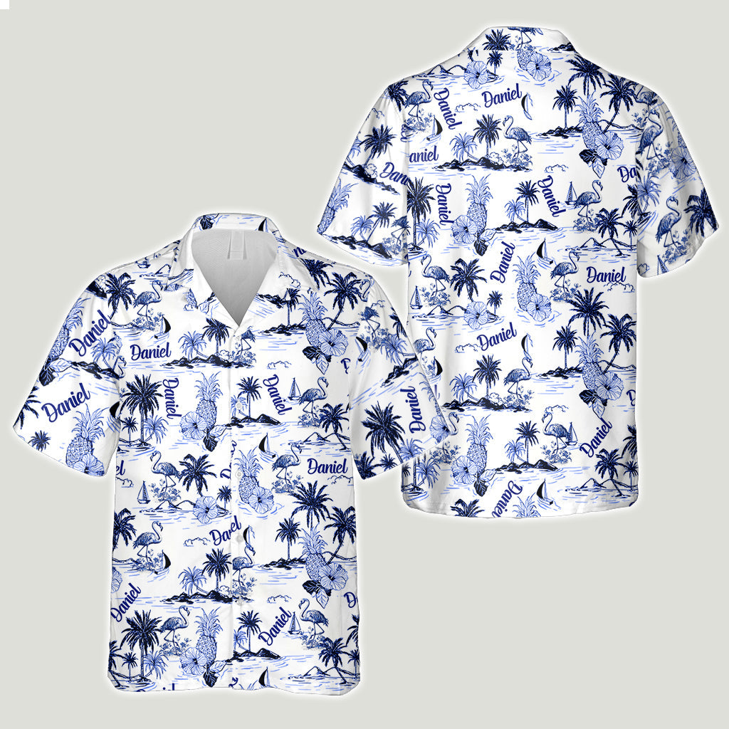 Flamingo Tropical Toile de Jouy Pattern - Personalized Flamingo Hawaiian Shirt