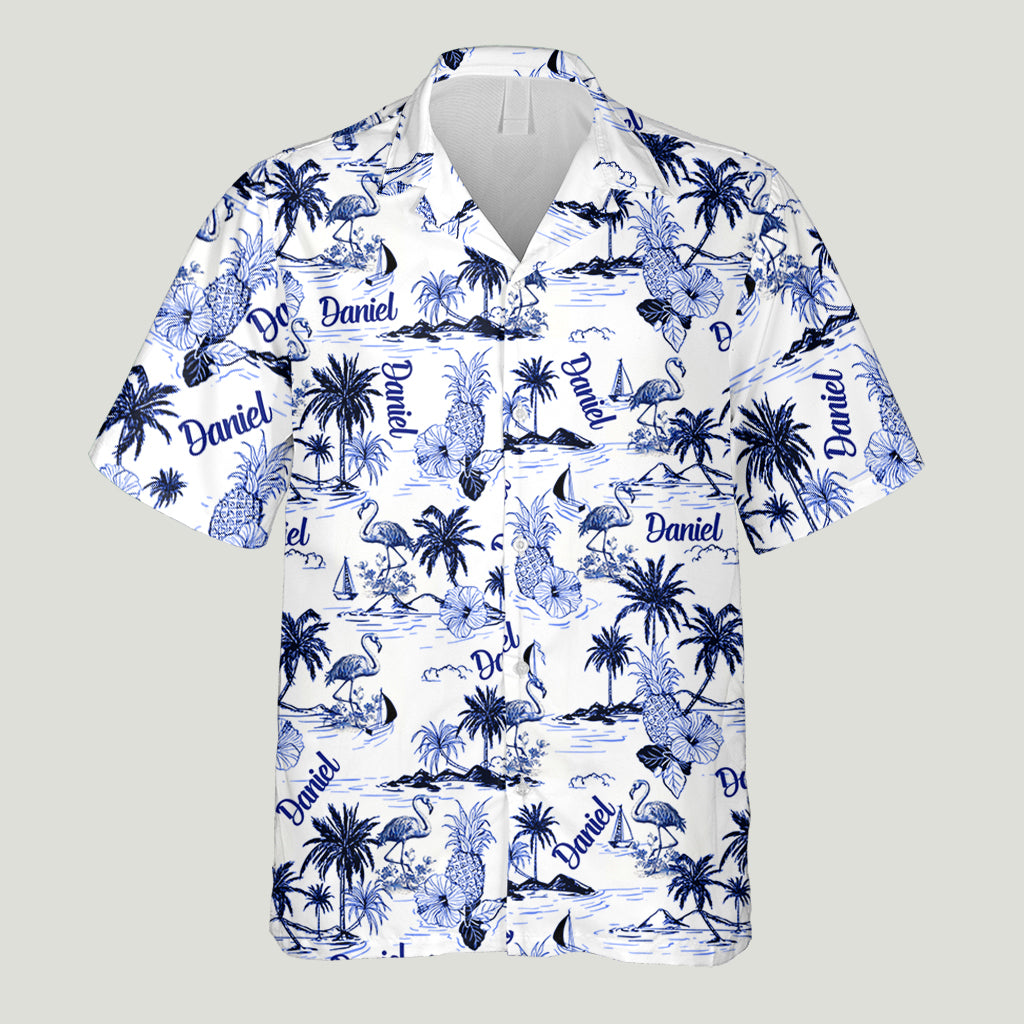 Flamingo Tropical Toile de Jouy Pattern - Personalized Flamingo Hawaiian Shirt