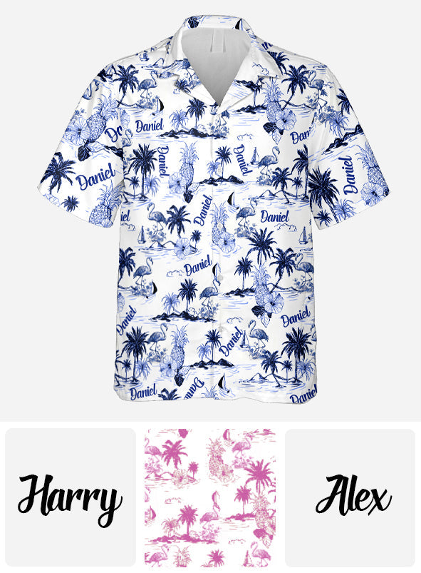 Flamingo Tropical Toile de Jouy Pattern - Personalized Flamingo Hawaiian Shirt