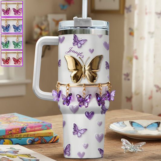 Love Butterfly - Personalized Butterfly Tumbler With Handle