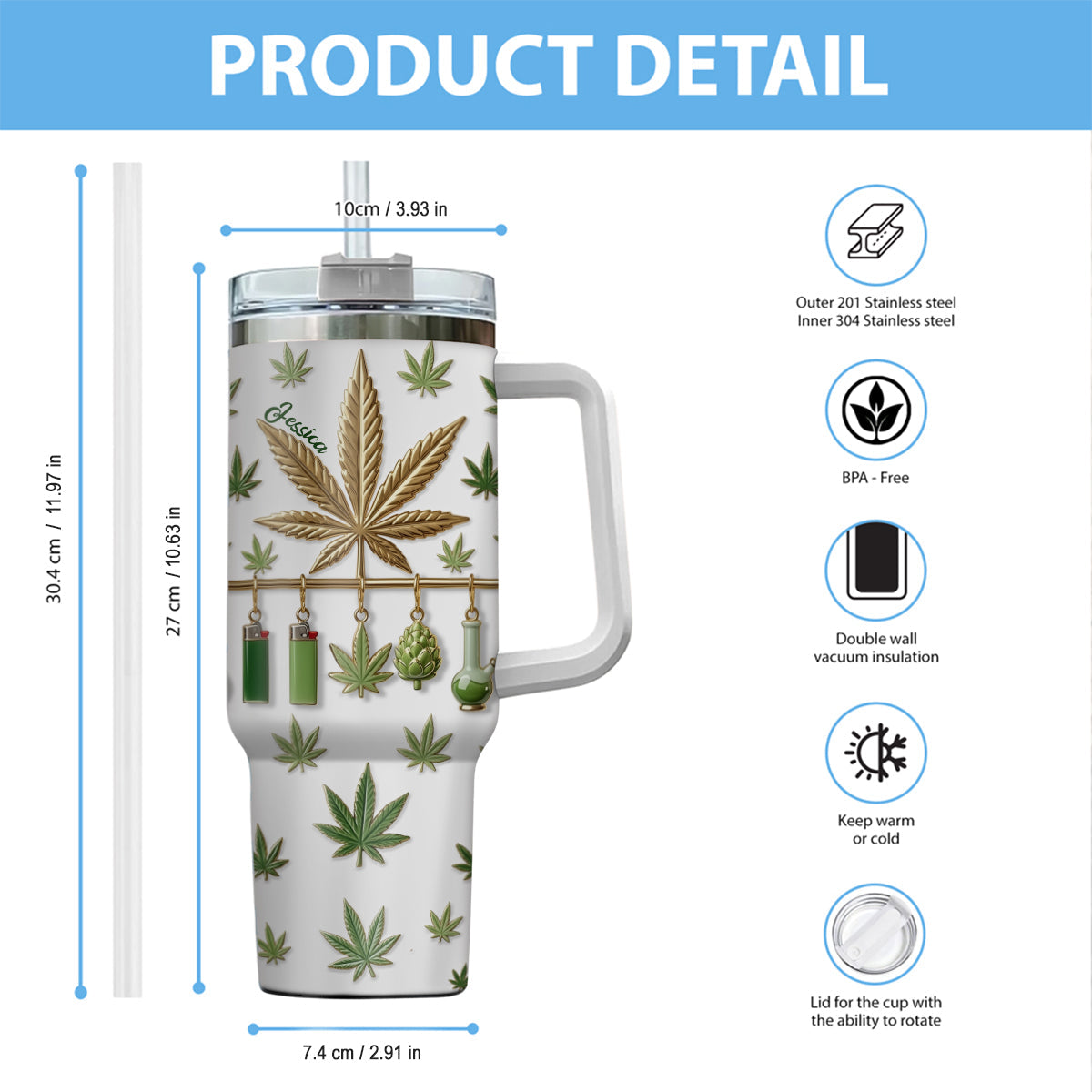 Green Magic Leaf - Personalized Weed Tumbler With Handle