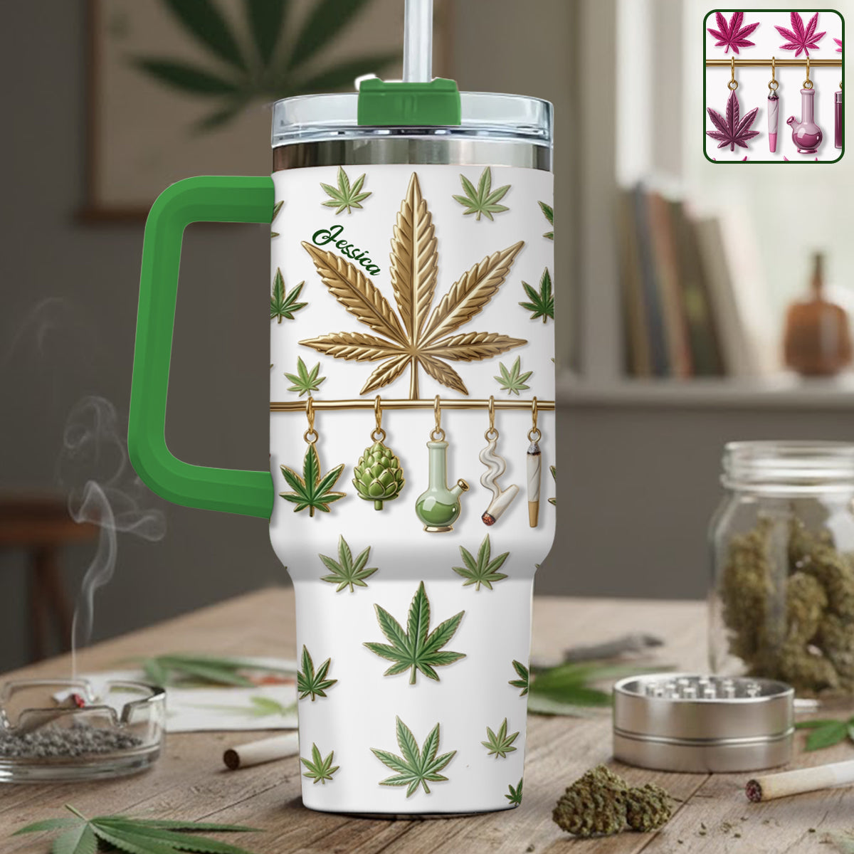 Green Magic Leaf - Personalized Weed Tumbler With Handle
