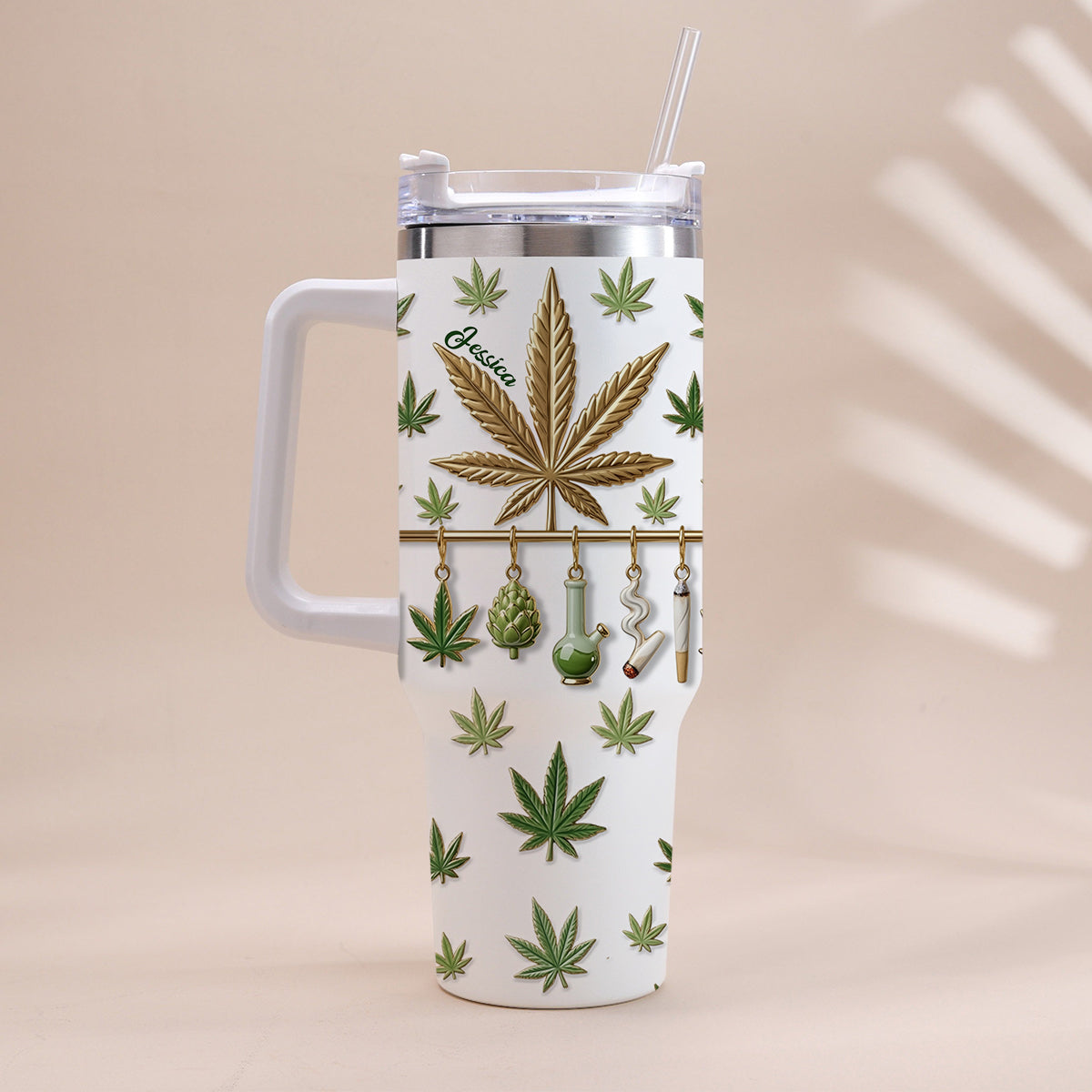 Green Magic Leaf - Personalized Weed Tumbler With Handle
