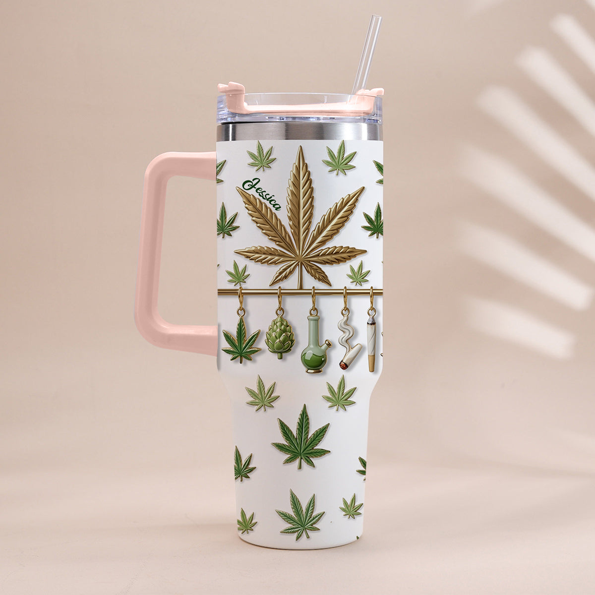 Green Magic Leaf - Personalized Weed Tumbler With Handle