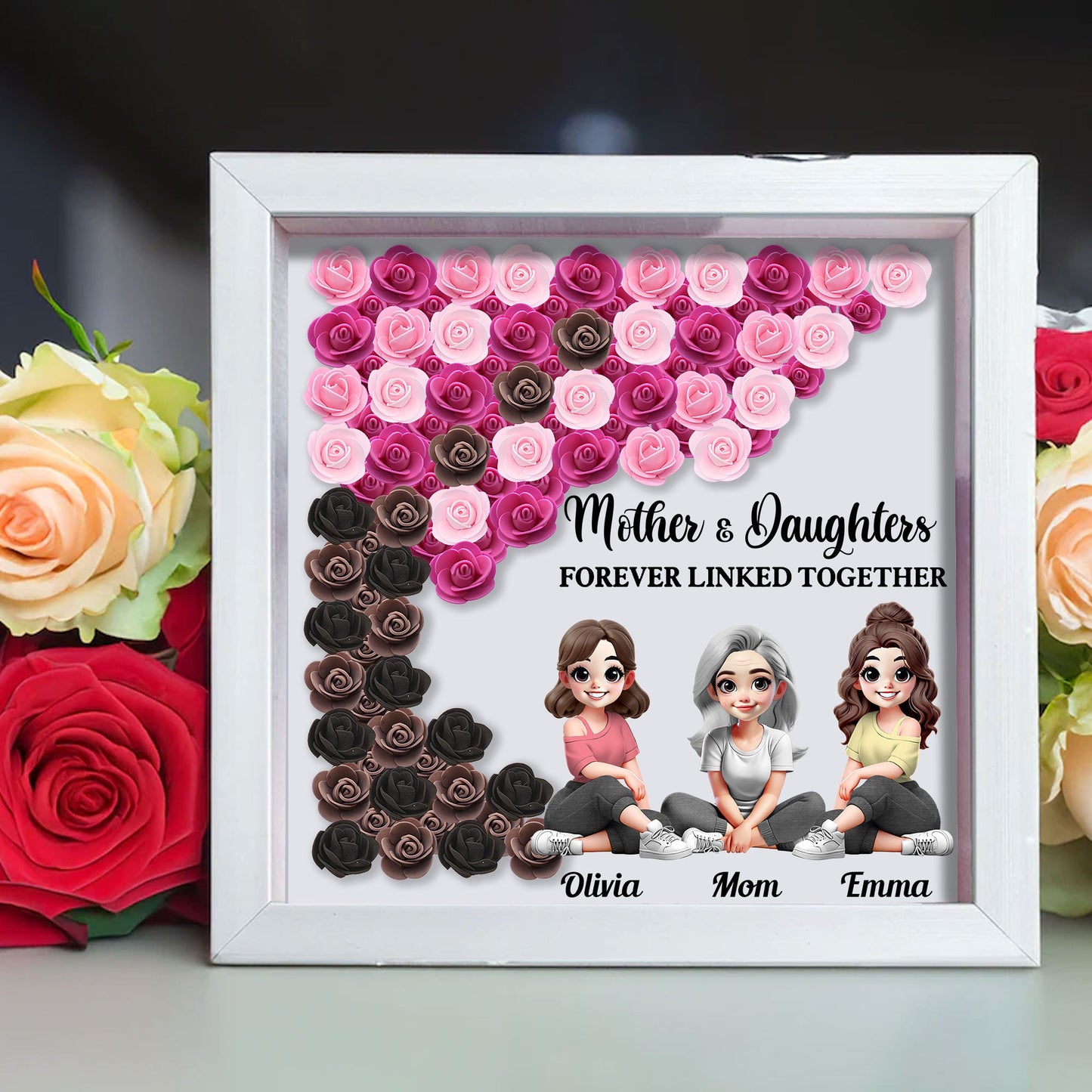 Mother and Daughter Forever Linked Together - Personalized Mother Custom Shaped Flower Shadow Box